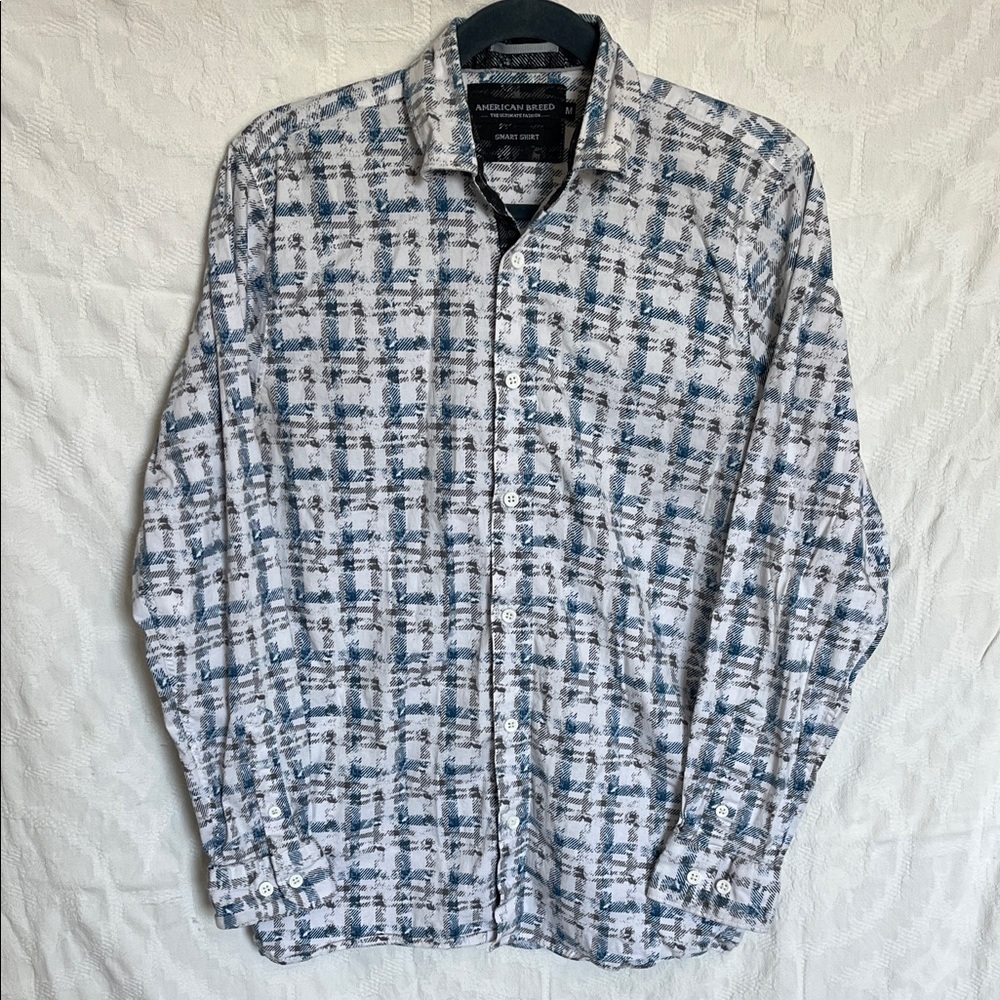 American Breed Blue & Gray Plaid Button-Down Smart Shirt, Size M